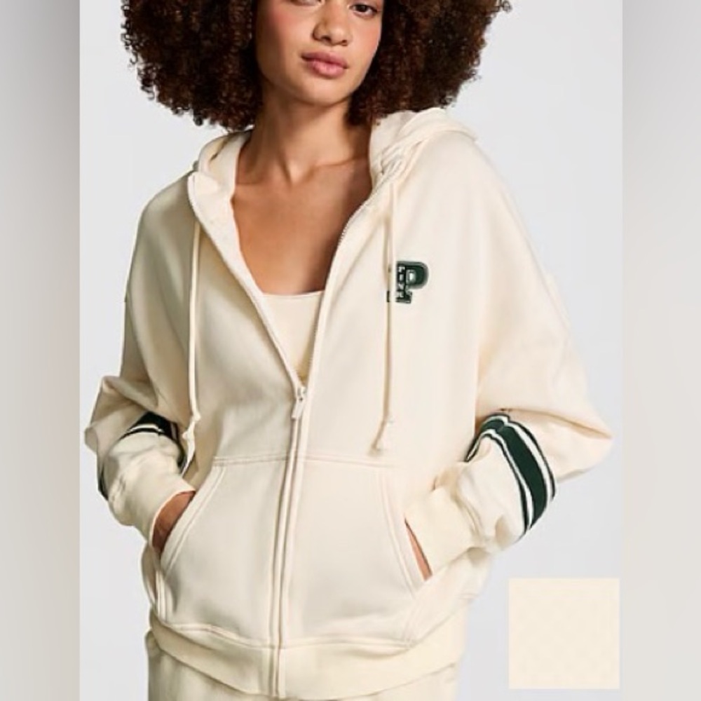 PINK Victoria's Secret Cream Hoodie with Green Stripes (XL Size)